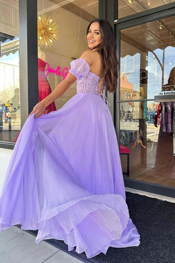 Vestido de noche largo de tul sin tirantes, corte A, largo hasta el suelo, color lila